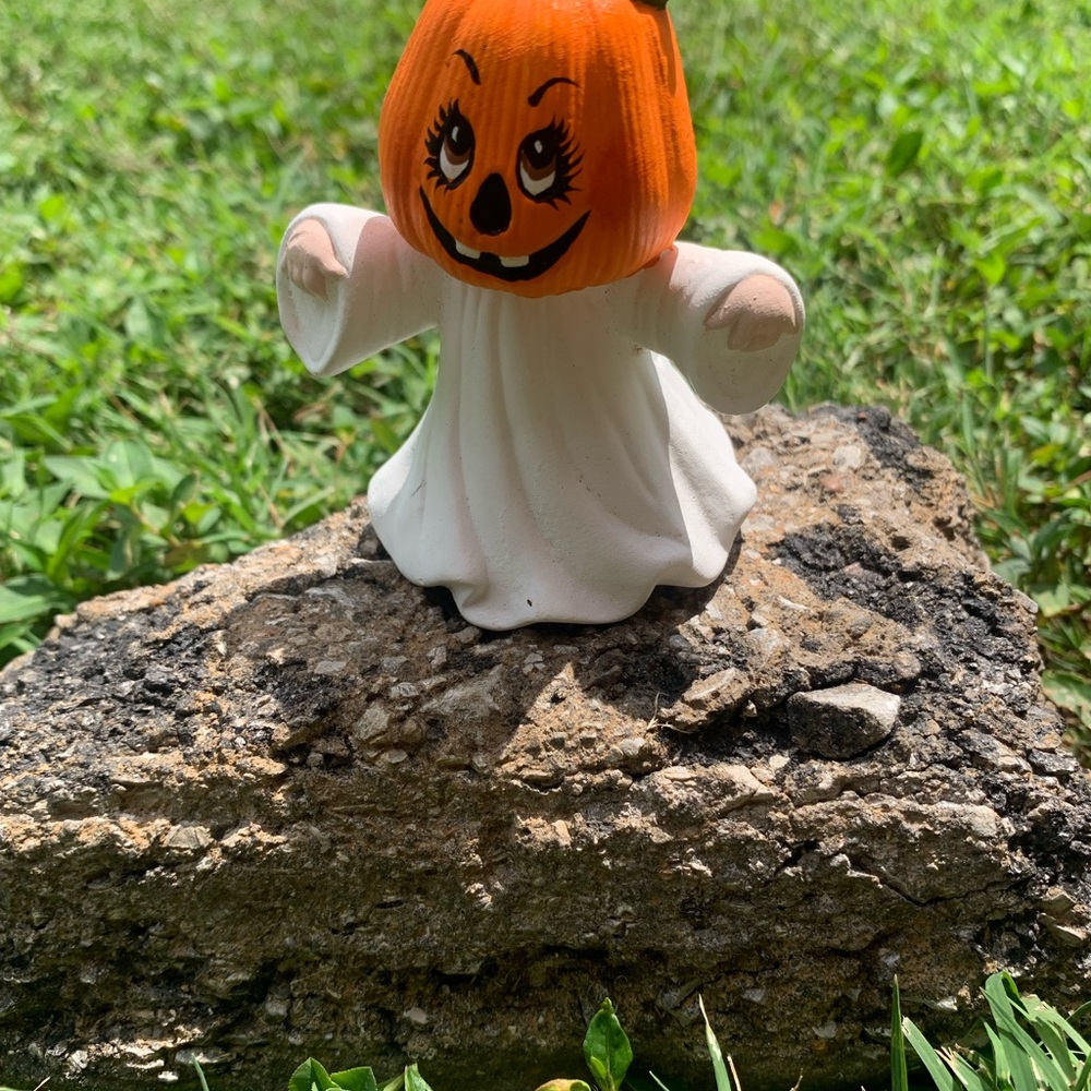 Vintage Halloween‎ Pumpkin Ghost Ceramic Figurine Spooky Cute Decoration